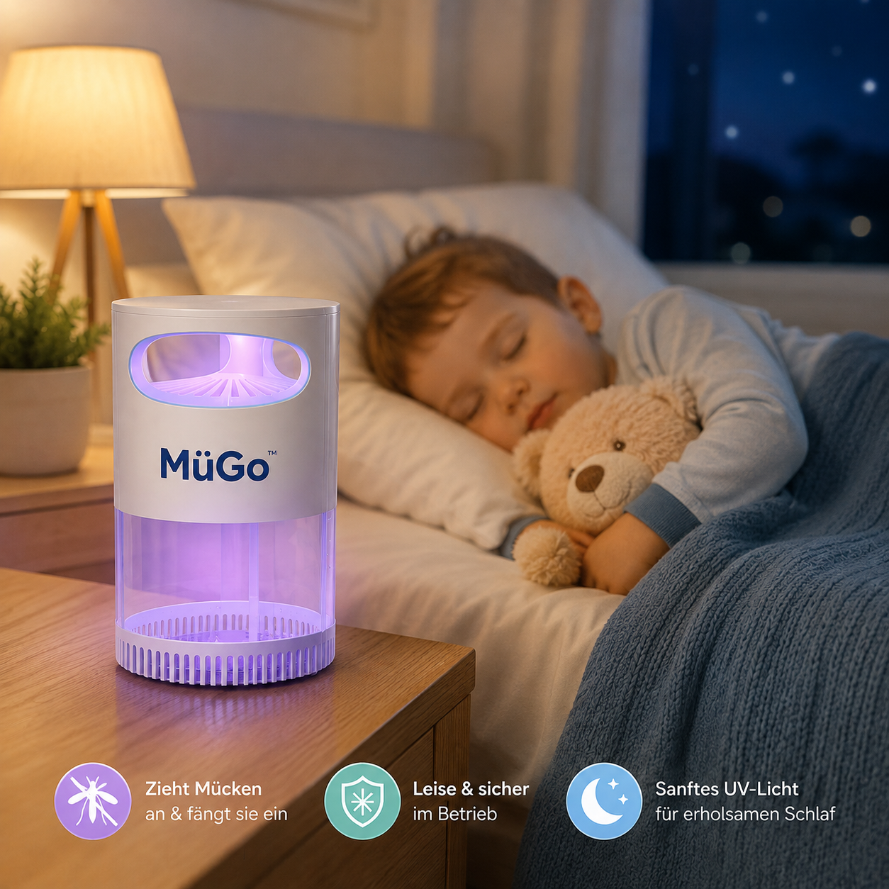 MüGo™ auf dem Nachttisch neben einem schlafenden Kind